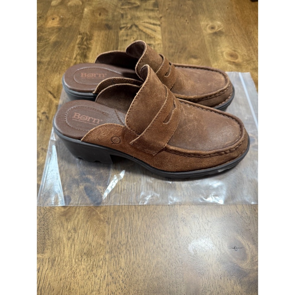 EUC Womens BORN Gala platform loafer mule brown leather shoes size 9M Y2K